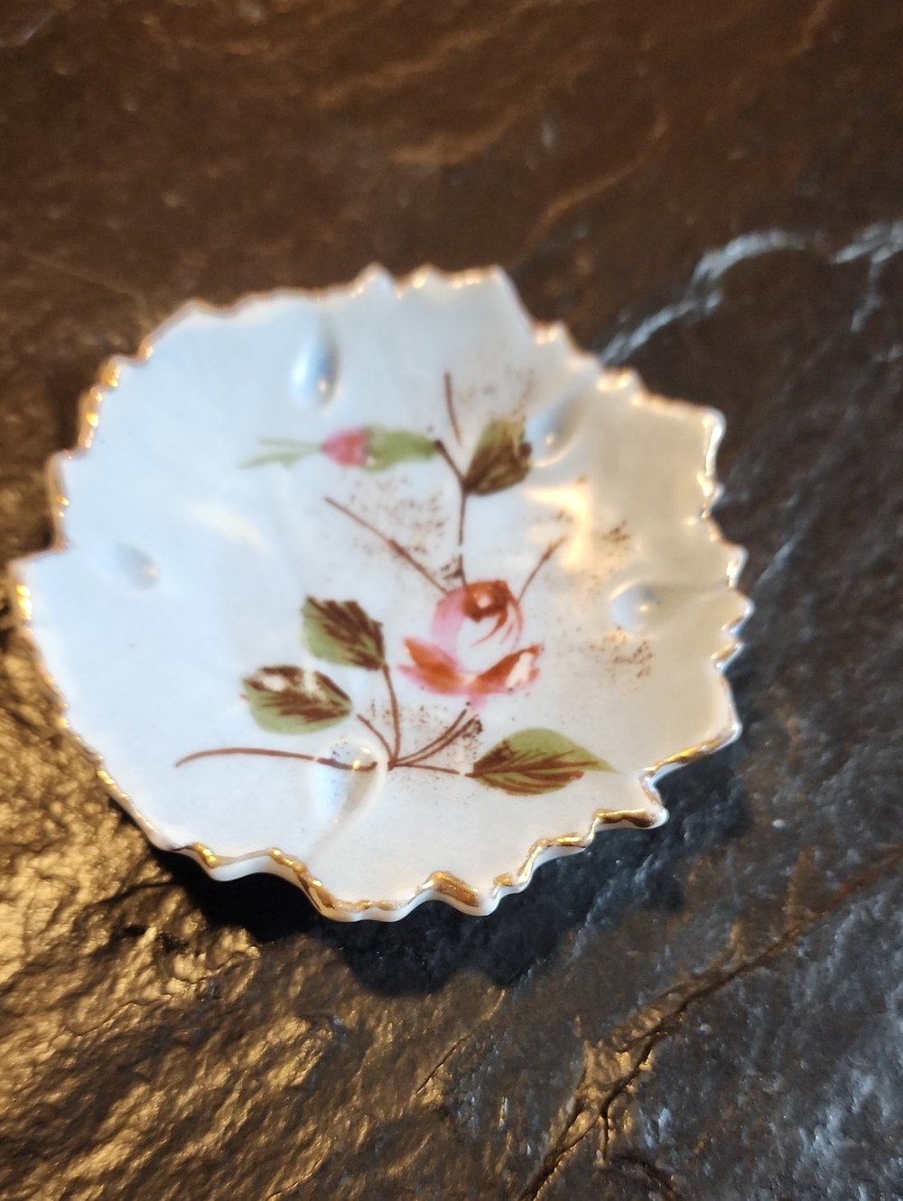 Vintage White Porcelain Dish with Pink Rose and Gold Trim